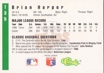 1991 Classic III #T35 Brian Harper Back
