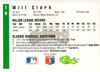 1991 Classic III #T9 Will Clark Back