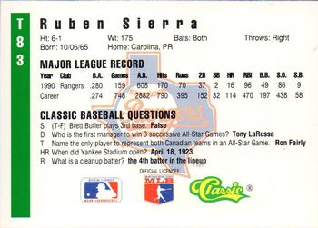 1991 Classic III #T83 Ruben Sierra Back