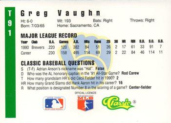 1991 Classic III #T91 Greg Vaughn Back