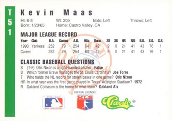 1991 Classic III #T51 Kevin Maas Back