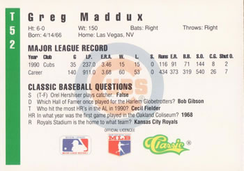 1991 Classic III #T52 Greg Maddux Back