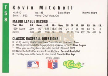 1991 Classic III #T59 Kevin Mitchell Back