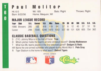 1991 Classic III #T60 Paul Molitor Back