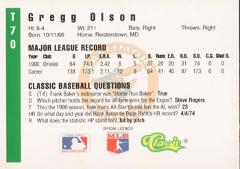 1991 Classic III #T70 Gregg Olson Back