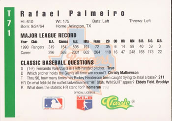 1991 Classic III #T71 Rafael Palmeiro Back