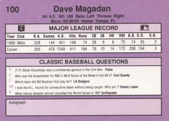 1991 Classic #100 Dave Magadan Back