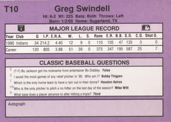 1991 Classic #101 Greg Swindell Back