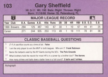 1991 Classic #103 Gary Sheffield Back