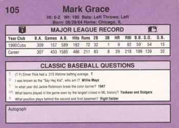 1991 Classic #105 Mark Grace Back
