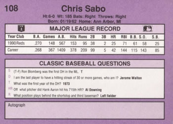 1991 Classic #108 Chris Sabo Back