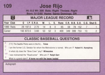 1991 Classic #109 Jose Rijo Back