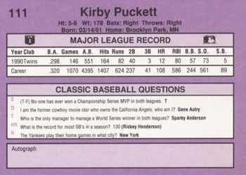 1991 Classic #111 Kirby Puckett Back