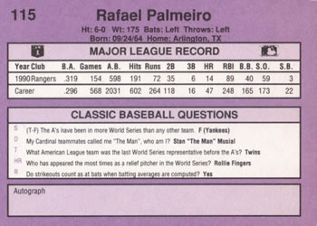 1991 Classic #115 Rafael Palmeiro Back