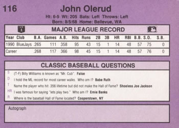 1991 Classic #116 John Olerud Back