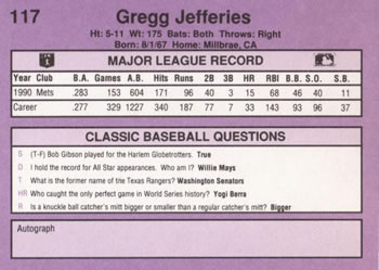 1991 Classic #117 Gregg Jefferies Back