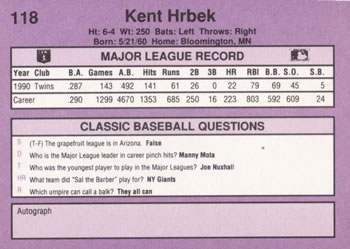 1991 Classic #118 Kent Hrbek Back