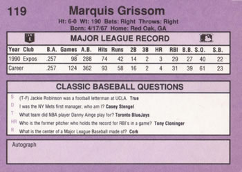 1991 Classic #119 Marquis Grissom Back