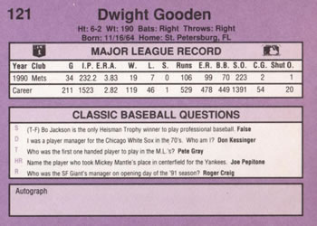 1991 Classic #121 Dwight Gooden Back