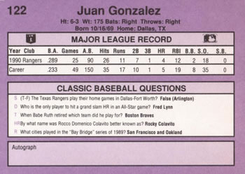 1991 Classic #122 Juan Gonzalez Back