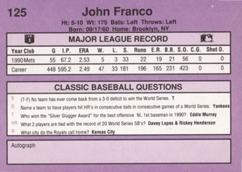 1991 Classic #125 John Franco Back