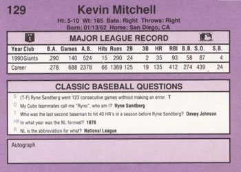 1991 Classic #129 Kevin Mitchell Back