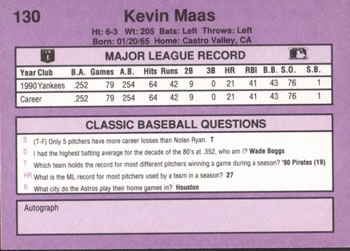 1991 Classic #130 Kevin Maas Back