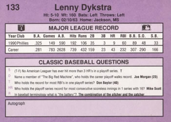 1991 Classic #133 Lenny Dykstra Back