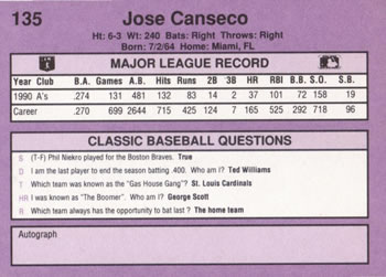 1991 Classic #135 Jose Canseco Back