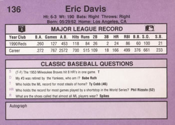 1991 Classic #136 Eric Davis Back