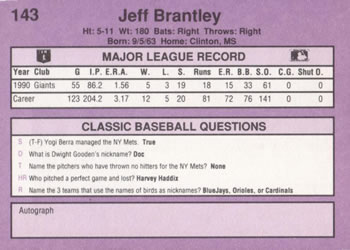 1991 Classic #143 Jeff Brantley Back