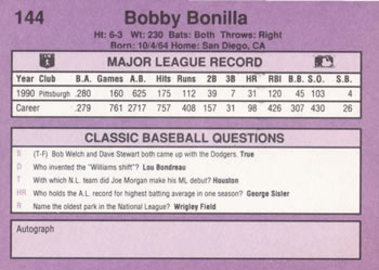 1991 Classic #144 Bobby Bonilla Back