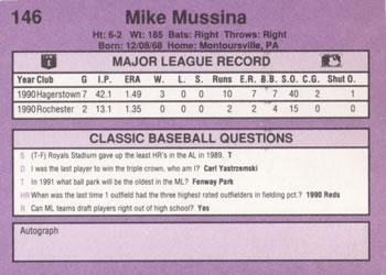 1991 Classic #146 Mike Mussina Back