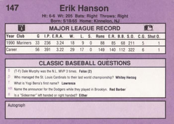 1991 Classic #147 Erik Hanson Back