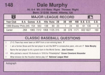 1991 Classic #148 Dale Murphy Back