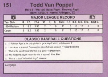 1991 Classic #151 Todd Van Poppel Back