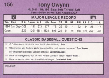 1991 Classic #156 Tony Gwynn Back