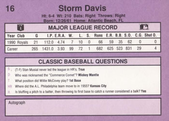 1991 Classic #16 Storm Davis Back