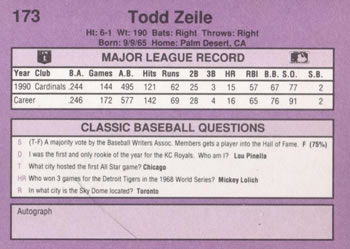 1991 Classic #173 Todd Zeile Back
