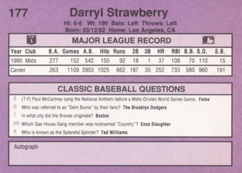 1991 Classic #177 Darryl Strawberry Back