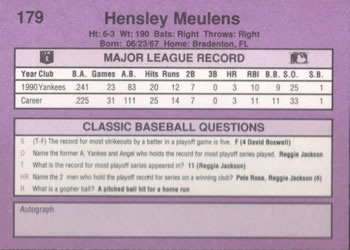 1991 Classic #179 Hensley Meulens Back