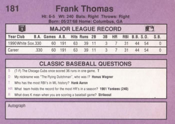 1991 Classic #181 Frank Thomas Back
