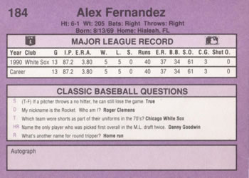 1991 Classic #184 Alex Fernandez Back
