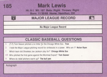 1991 Classic #185 Mark Lewis Back
