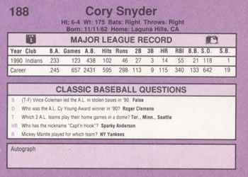 1991 Classic #188 Cory Snyder Back