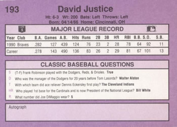 1991 Classic #193 Justice Prevails (David Justice) Back