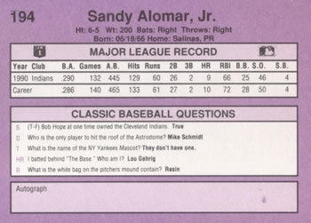 1991 Classic #194 Sandy Alomar Jr. Back