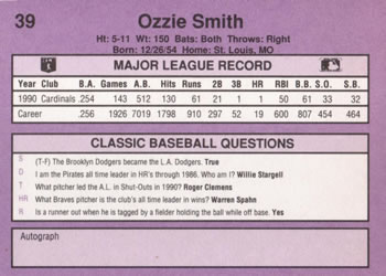 1991 Classic #39 Ozzie Smith Back