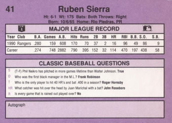 1991 Classic #41 Ruben Sierra Back