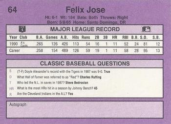 1991 Classic #64 Felix Jose Back